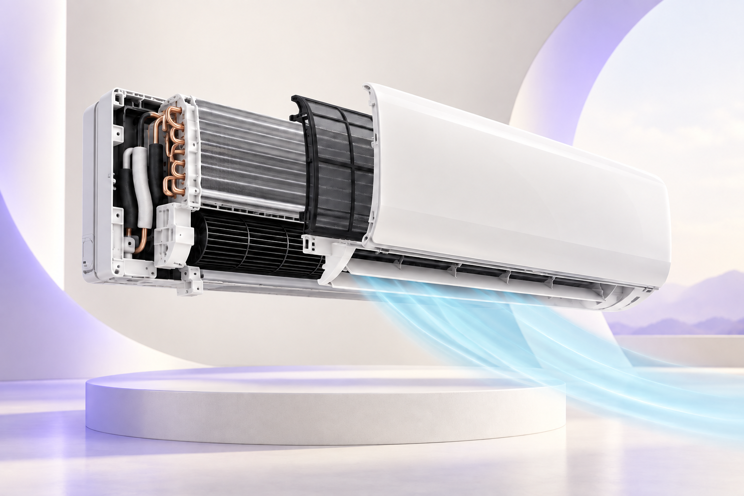 3D illustration of a split aircon with its coil, filter and blower revealed, releasing a soft stream of cool air